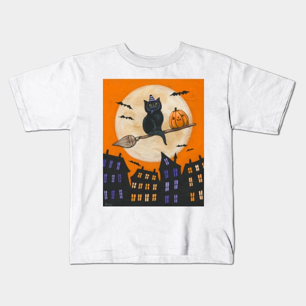 Little Witch Pumpkin Delivery Kids T-Shirt by KilkennyCat Art